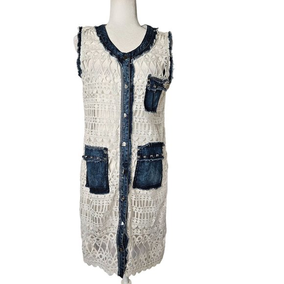 Adore Jackets & Blazers - Adore Duster Size Large White Lace, Blue Denim Knee Length Sleeveless